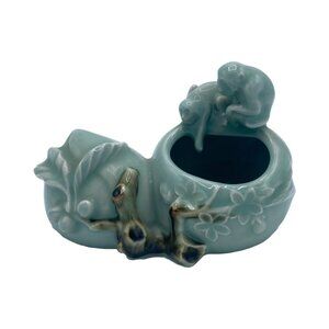 Rare Antique (?) Chinese Celadon Monkey Brush Washer Low Vase w/Bamboo & Flowers